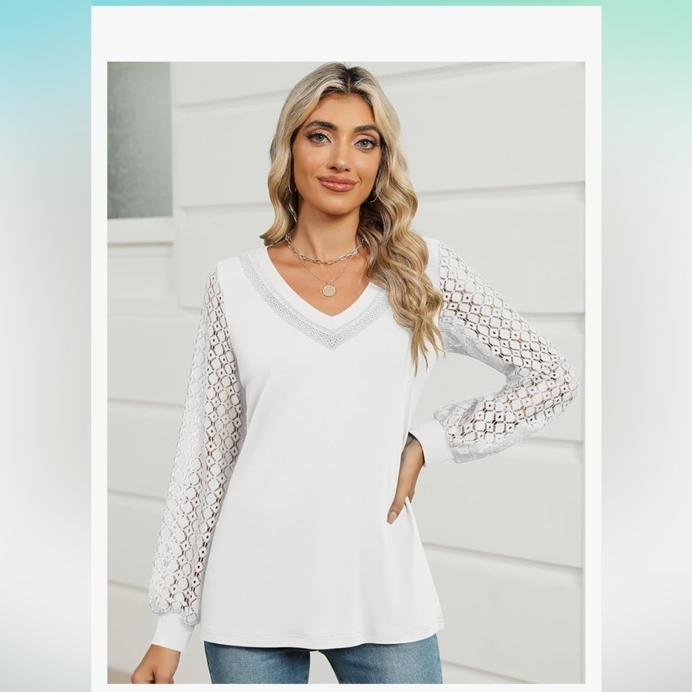 NWT Long Sleeve Shirts V Neck Lace Tops Business Casual Medium - Picture 3 of 5